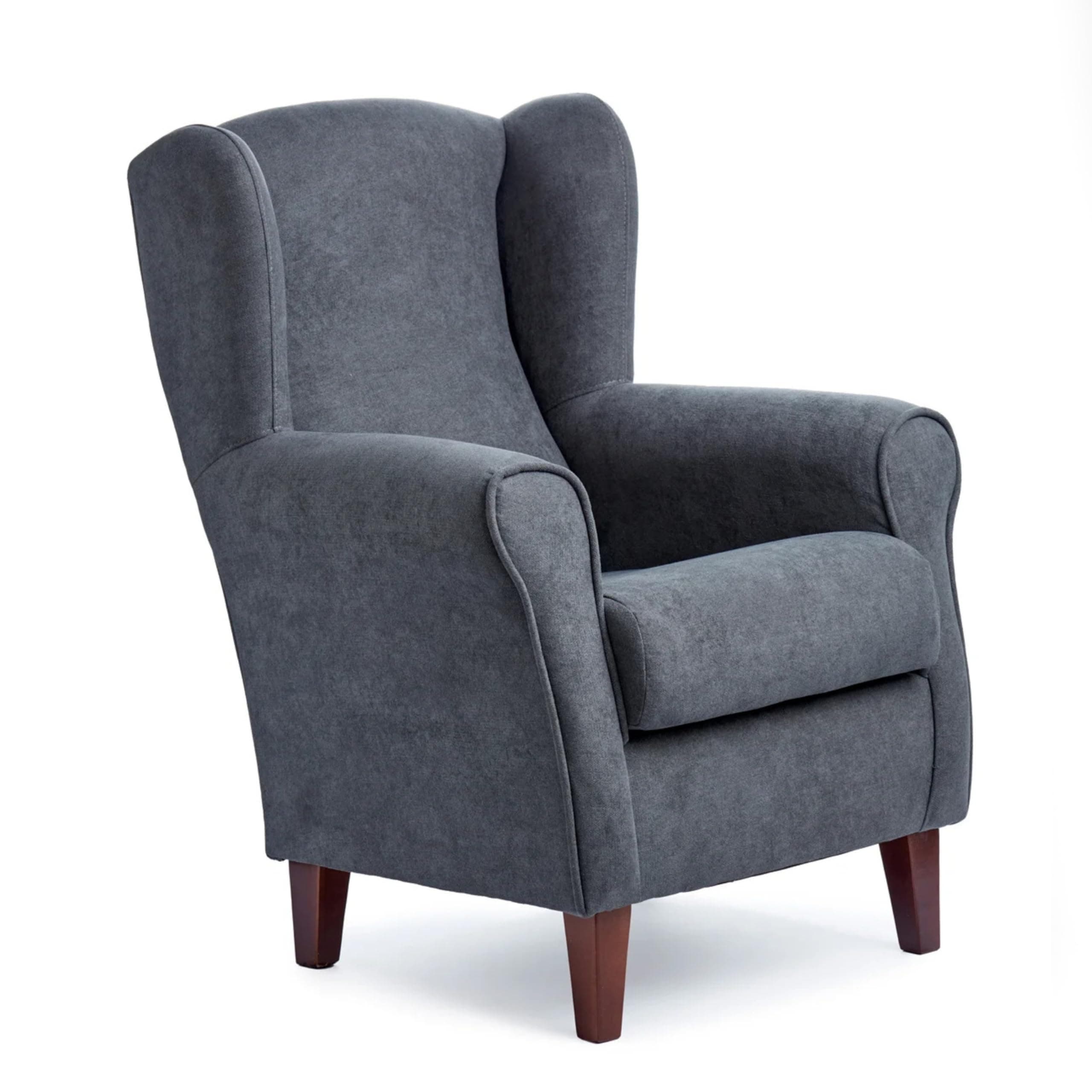 An upholstered wingback armchair featuring a charcoal gray fabric, rolled armrests, and a box cushion seat. The chair is supported by four tapered, dark-stained wooden legs. The distinctive 'wings' on the backrest provide a traditional silhouette, while the clean lines and tapered legs lend a contemporary or transitional feel. — 3D model