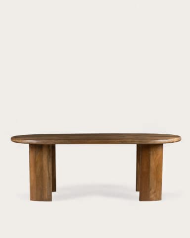 An elongated oval coffee table crafted from solid wood, featuring a smooth, curved tabletop and four thick, semi-cylindrical legs. The wood displays a rich, medium-brown tone with visible grain patterns, indicating its natural material. The design is contemporary, with rounded edges and a minimalist, sculptural aesthetic. — 3D model