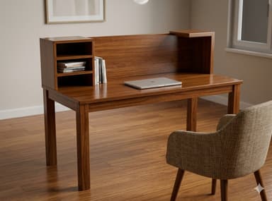 A wooden desk featuring a rectangular top, supported by four straight legs. It includes an integrated hutch with open shelving compartments on the back panel, finished in a medium-to-dark walnut wood tone. — 3D model