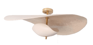 A textured, off-white, leaf-shaped shade with a speckled pattern encases a central, smooth, white, egg-shaped diffuser. A small, cylindrical brass fixture is visible at the center of the diffuser, suggesting it is a pendant or ceiling lamp. — 3D model