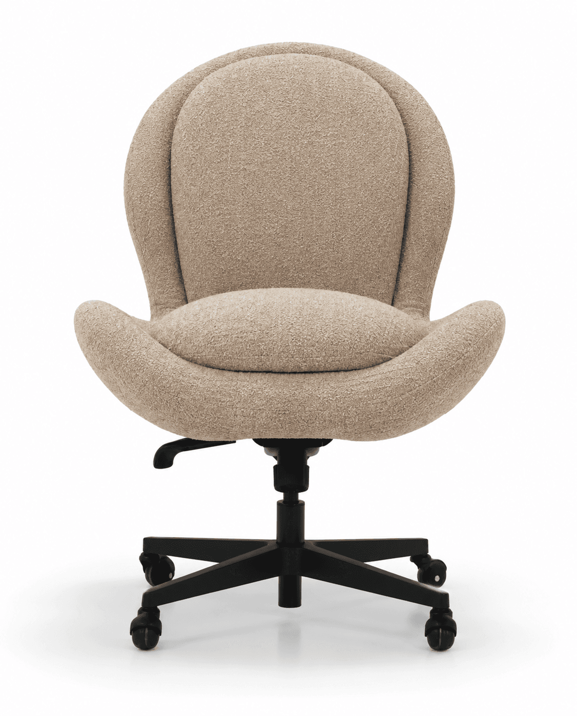An armless, upholstered swivel office chair featuring a distinctive, rounded, and enveloping backrest and seat. The chair is covered in a light beige, textured fabric and rests on a black five-star caster base for mobility. — 3D model