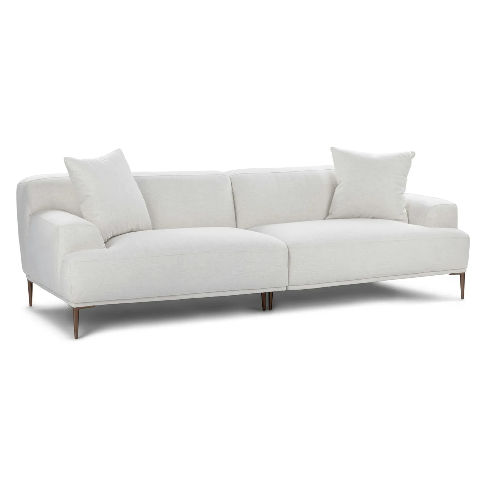 A modern, two-piece upholstered sofa featuring a light-colored fabric and minimalist design. It includes integrated seat cushions and loose back cushions, resting on slender tapered wooden legs. — 3D model
