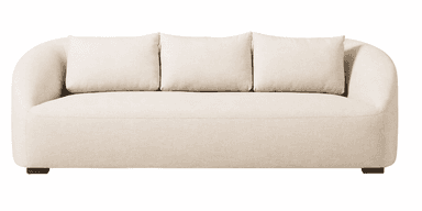 A contemporary three-seater sofa featuring a clean, minimalist design with softly rounded, integrated arms and a gently curved back. The sofa is upholstered in a light beige, textured fabric and includes three loose back cushions and a single, continuous seat cushion. Small, dark wooden block feet are visible at the base. — 3D model