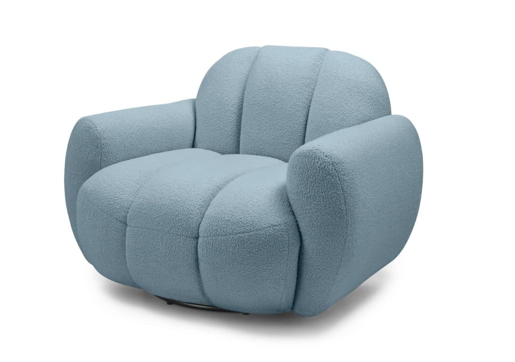 A modern armchair fully upholstered in light blue bouclé fabric, featuring a rounded, sculptural silhouette and vertical channel tufting on the back, seat, and integrated armrests. The chair has a recessed base, giving it a floating appearance. — 3D model