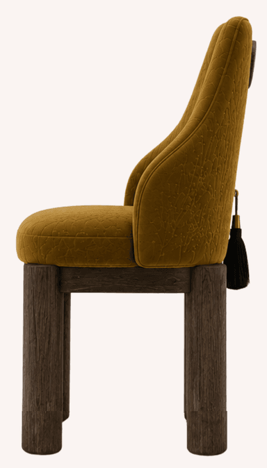 An upholstered dining chair featuring a unique sculptural cutout backrest, rich ochre-colored textured fabric, and chunky dark wood legs. — 3D model