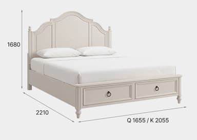 A light beige, traditional-style bed frame featuring a tall, arched panel headboard with decorative molding and finial accents. The footboard incorporates two functional storage drawers with ring pull hardware. The bed rests on turned feet. — 3D model