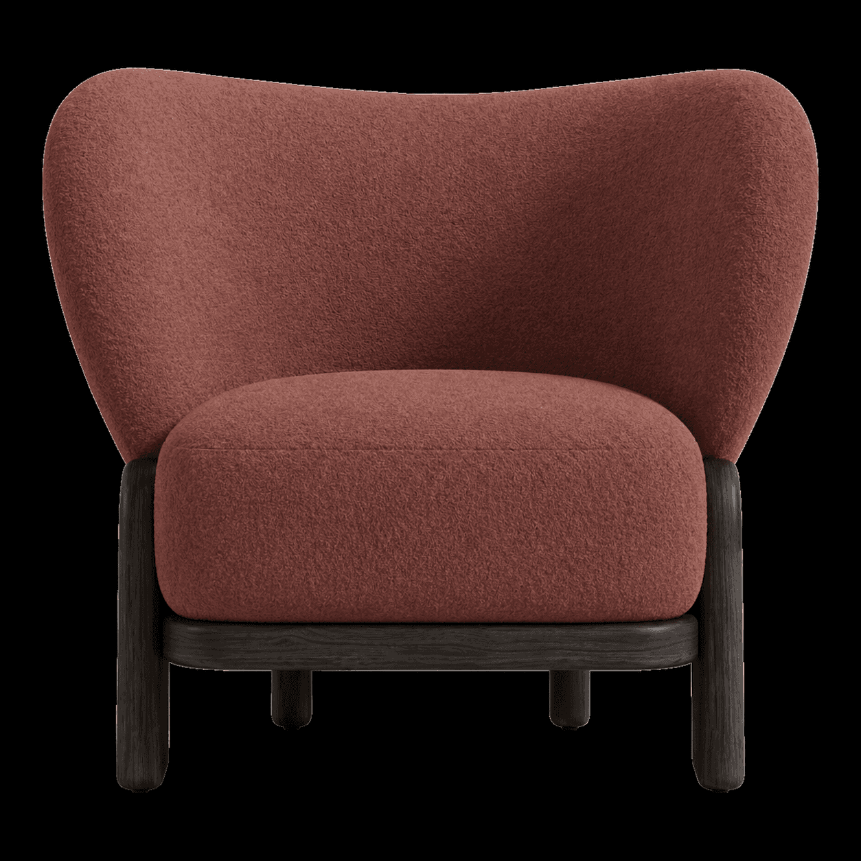 A contemporary armchair featuring a deeply upholstered seat and backrest with a distinct winged silhouette. The base and legs are constructed from dark wood, providing a visual contrast to the textured fabric of the seating area. The overall design emphasizes comfort and modern aesthetics. — 3D model