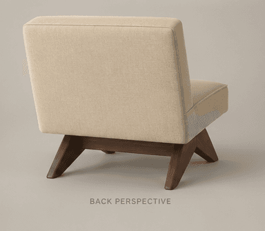 A contemporary armless lounge chair with a low-slung profile, upholstered in a light beige or cream fabric. The chair features a distinct angled wooden base with a dark brown finish. The backrest and seat cushions are plump, with visible piping along the edges, suggesting a clean, tailored appearance. The overall design emphasizes comfort and a minimalist aesthetic. — 3D model