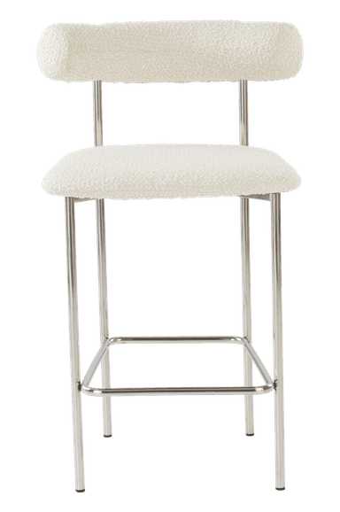 A bar stool with a curved backrest and a padded seat. The frame and legs are constructed from polished metal tubing, featuring a horizontal footrest connecting the front and back legs. The upholstery appears to be a textured, boucle-like fabric in a light cream or off-white color. — 3D model