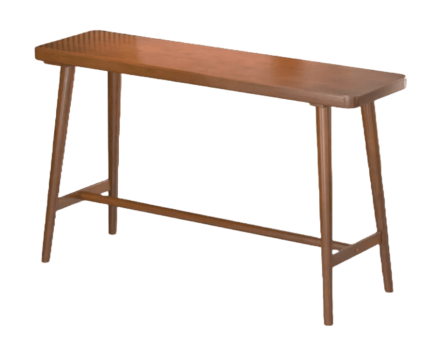A long, narrow wooden console table featuring a rectangular top, tapered and splayed legs, and a lower stretcher bar for stability, presented against a white background. — 3D model