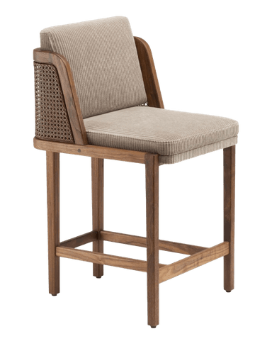 A wooden bar stool with upholstered seating and backrest. The upholstery is a light beige corduroy fabric. The frame is constructed of dark wood with a visible grain. The stool has four legs connected by stretchers for stability and armrests integrated into the backrest structure. — 3D model
