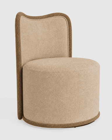 An upholstered armless accent chair featuring a cylindrical base and a low, curved backrest, all covered in a light beige fabric with a contrasting dark brown trim along the edges. — 3D model
