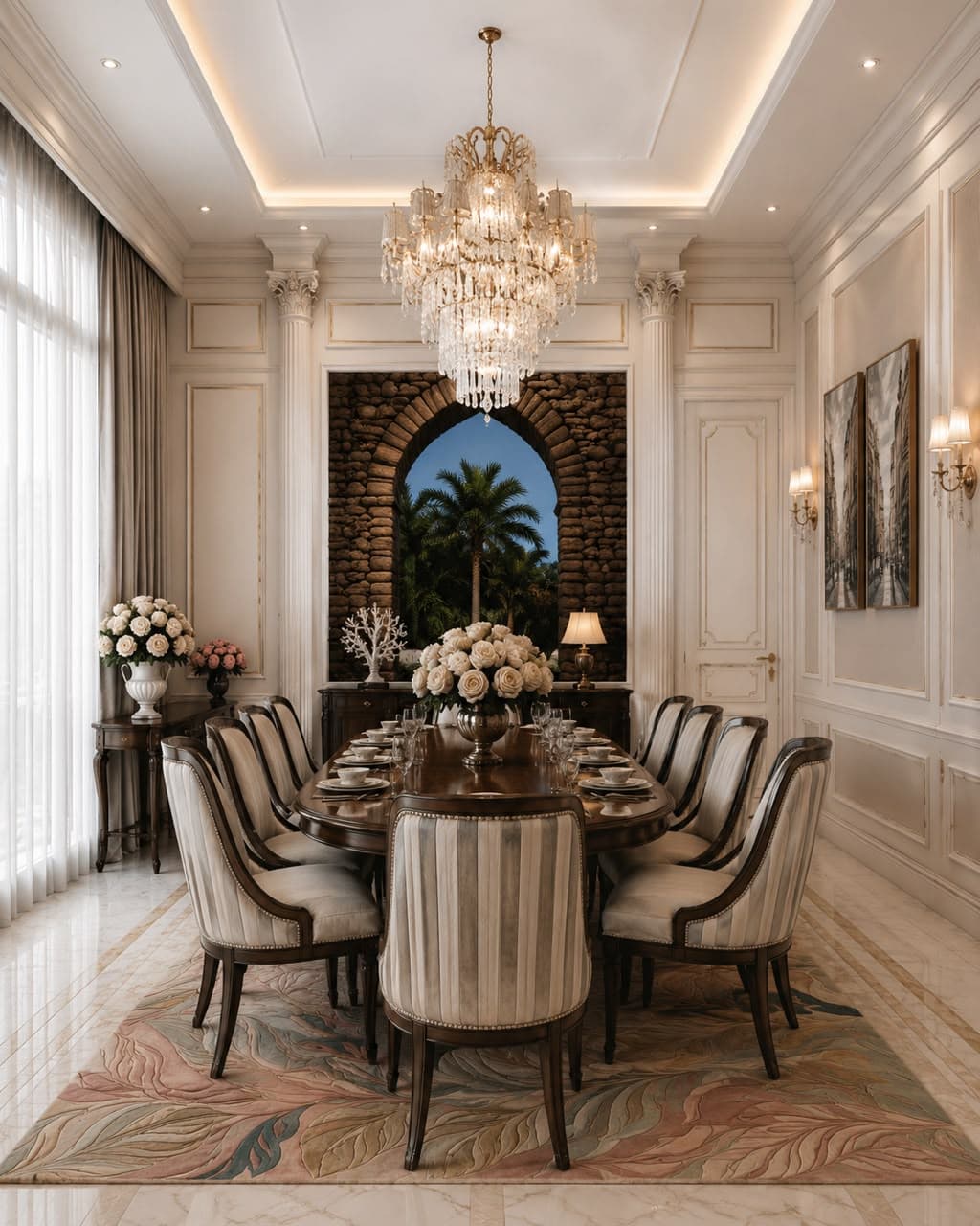 A large, ornate multi-tiered crystal chandelier featuring a gilded metal frame, numerous cascading crystal prisms, and multiple small, conical fabric shades over individual light sources. The fixture is suspended by a chain from a ceiling canopy. Its design emphasizes classical opulence and grandeur, with intricate metalwork supporting the layered structure of lights and decorative crystal elements. — 3D model
