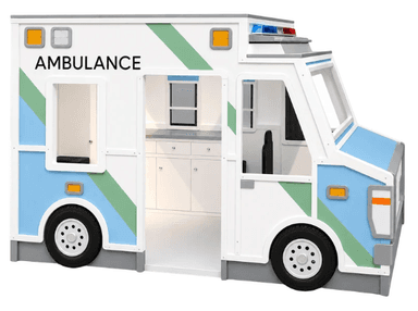 A children's bed designed as a realistic ambulance vehicle, featuring a white, blue, and green exterior with grey accents, simulated wheels, and emergency lights. The structure includes an open-back sleeping area and a distinct front cab with cut-out windows. — 3D model