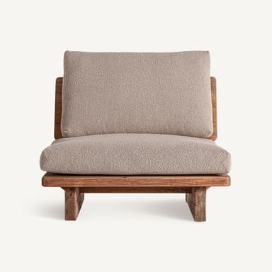 A modern low-profile lounge chair featuring a sturdy, distressed wooden frame and thick, comfortable cushions upholstered in a textured, light beige bouclé fabric. The design is minimalist with visible wood grain. — 3D model