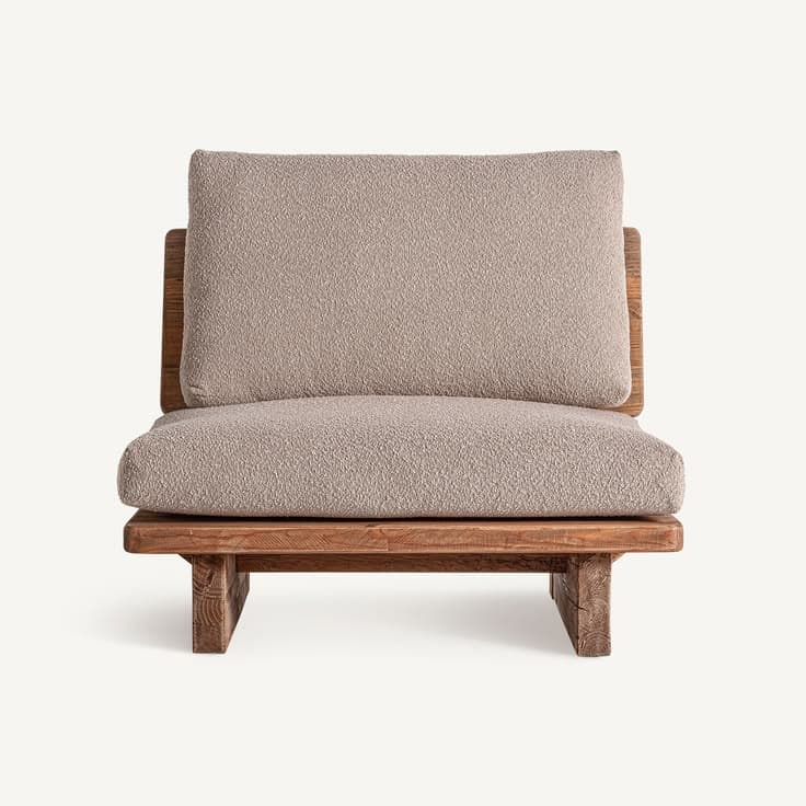 A modern low-profile lounge chair featuring a sturdy, distressed wooden frame and thick, comfortable cushions upholstered in a textured, light beige bouclé fabric. The design is minimalist with visible wood grain. — 3D model