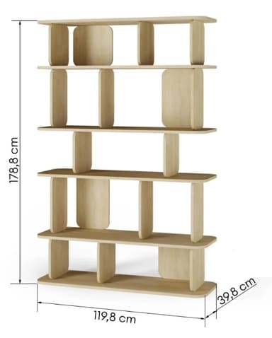 A modern, light-toned wooden shelving unit featuring an open, asymmetrical design with integrated closed compartments and rounded edges. — 3D model
