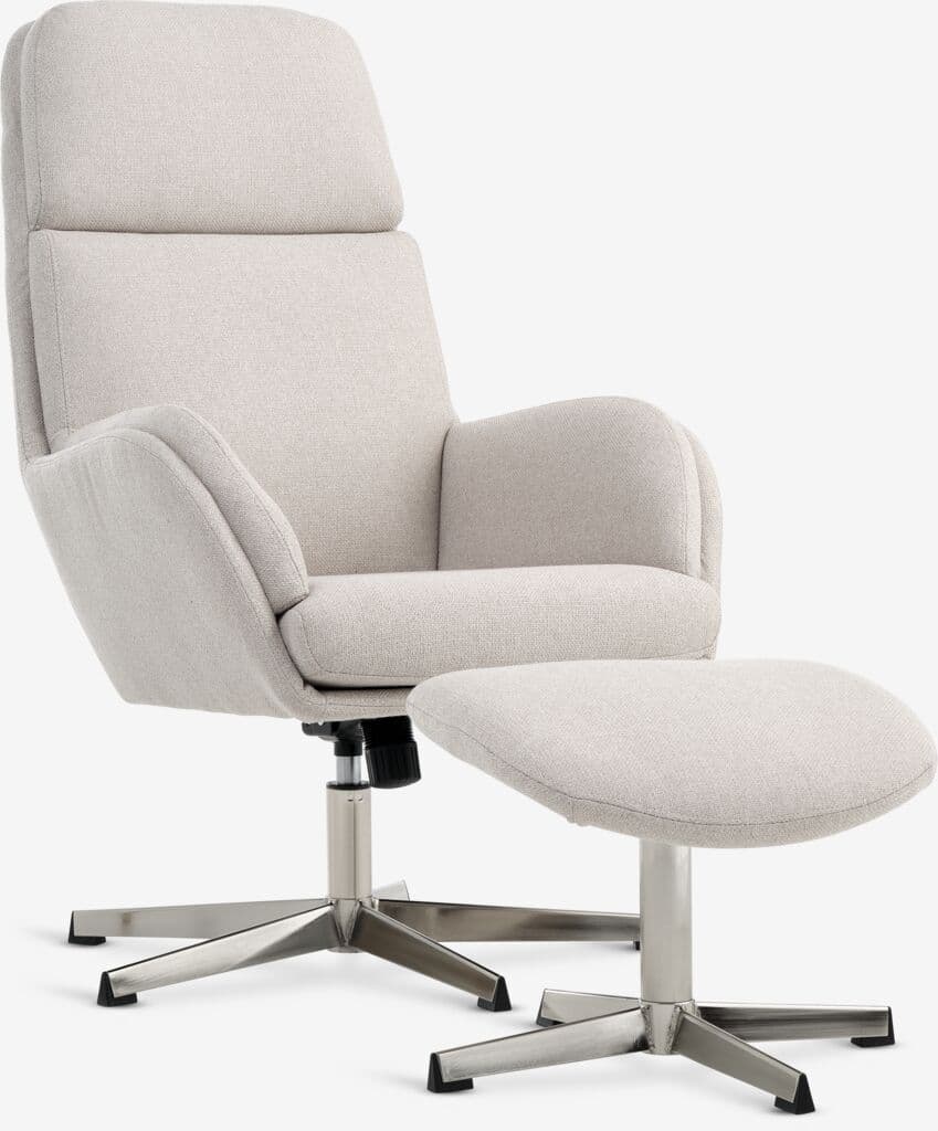 A modern upholstered swivel lounge chair accompanied by a matching ottoman. The chair features a high backrest, integrated armrests, and a padded seat, all covered in a light, neutral-toned woven fabric. Both the chair and ottoman rest on four-star brushed metal bases with swivel mechanisms, designed for comfort and contemporary aesthetics. — 3D model