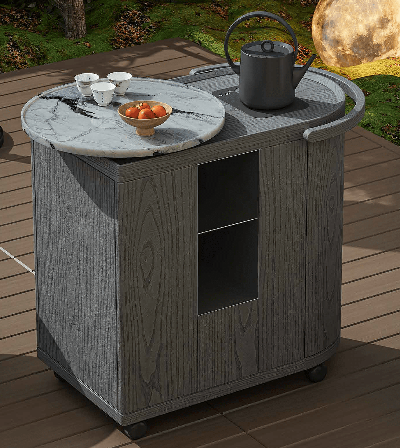 A dark gray wooden side table with a marbled circular top. The table features open shelving on one side and a rounded handle on the other. It is equipped with casters for mobility. — 3D model