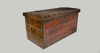 A robust, rectangular wooden storage chest, heavily adorned and reinforced with metal. The chest features a dark-stained wood body with numerous vertical and horizontal brass strips secured by visible rivets. The top edge includes intricate brass patterned inlay. Two prominent, ornate iron latches are positioned centrally on the front, providing a secure closure. The overall aesthetic is traditional and sturdy, indicative of antique craftsmanship. — 3D model