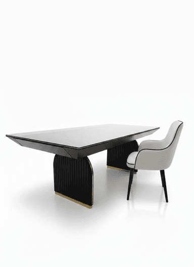A sleek, contemporary dining table featuring a rectangular black tabletop supported by two distinctive, fluted pedestal bases. The bases are arch-shaped and black, accented with polished brass strips at the bottom. — 3D model