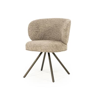 A modern armchair with a curved backrest and a upholstered seat. The chair features a four-legged pedestal base with splayed legs, constructed from metal. The upholstery has a textured woven pattern. The chair appears to be designed for dining or accent seating. — 3D model