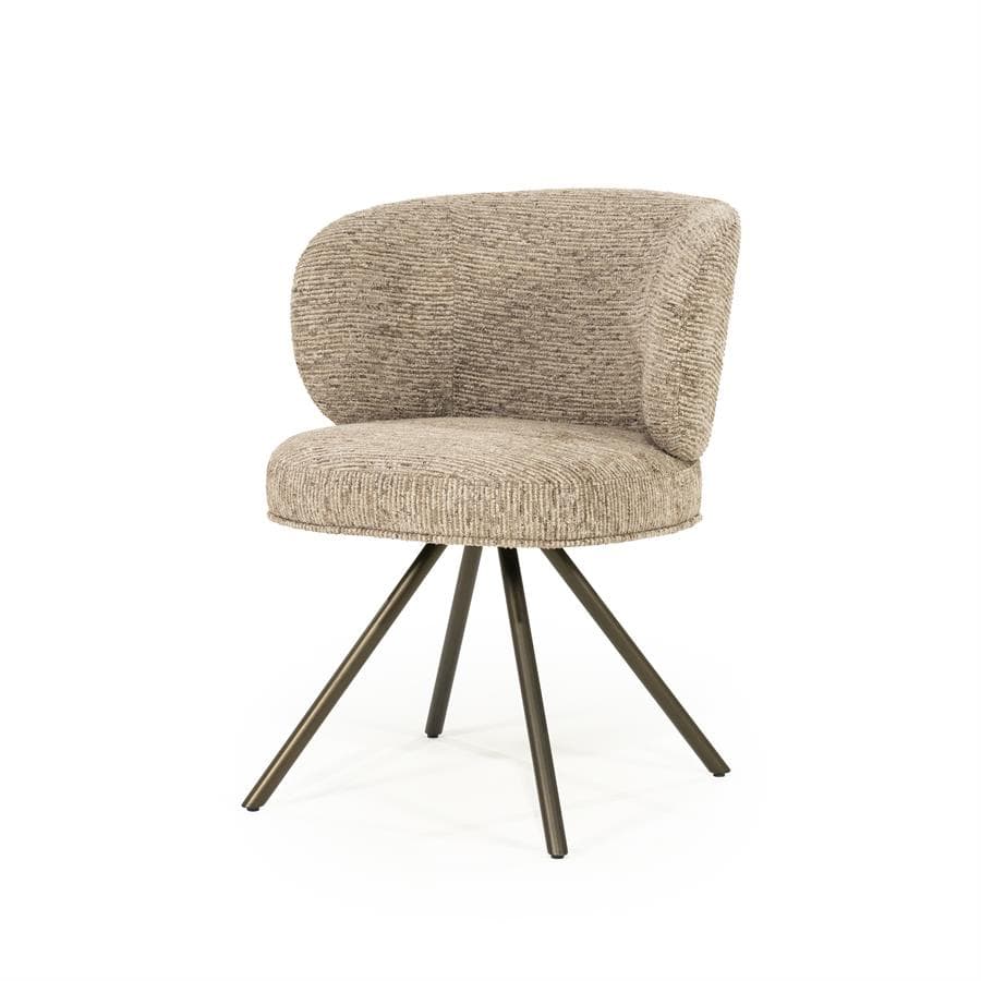 A modern armchair with a curved backrest and a upholstered seat. The chair features a four-legged pedestal base with splayed legs, constructed from metal. The upholstery has a textured woven pattern. The chair appears to be designed for dining or accent seating. — 3D model