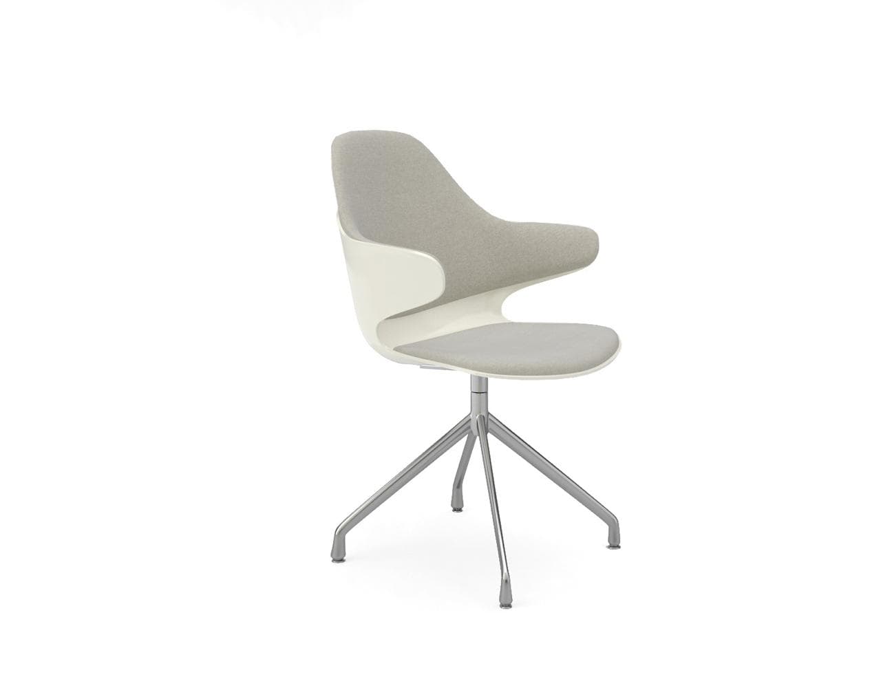 A contemporary swivel armchair featuring a distinctive white molded plastic outer shell and light grey fabric upholstery, supported by a polished metal four-star base. — 3D model