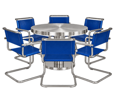 A complete dining set featuring a modern round dining table with a brushed metal finish, paired with six matching cantilever dining chairs. The chairs have tubular metal frames and blue sling-style seats and backs, creating a cohesive and contemporary aesthetic. — 3D model