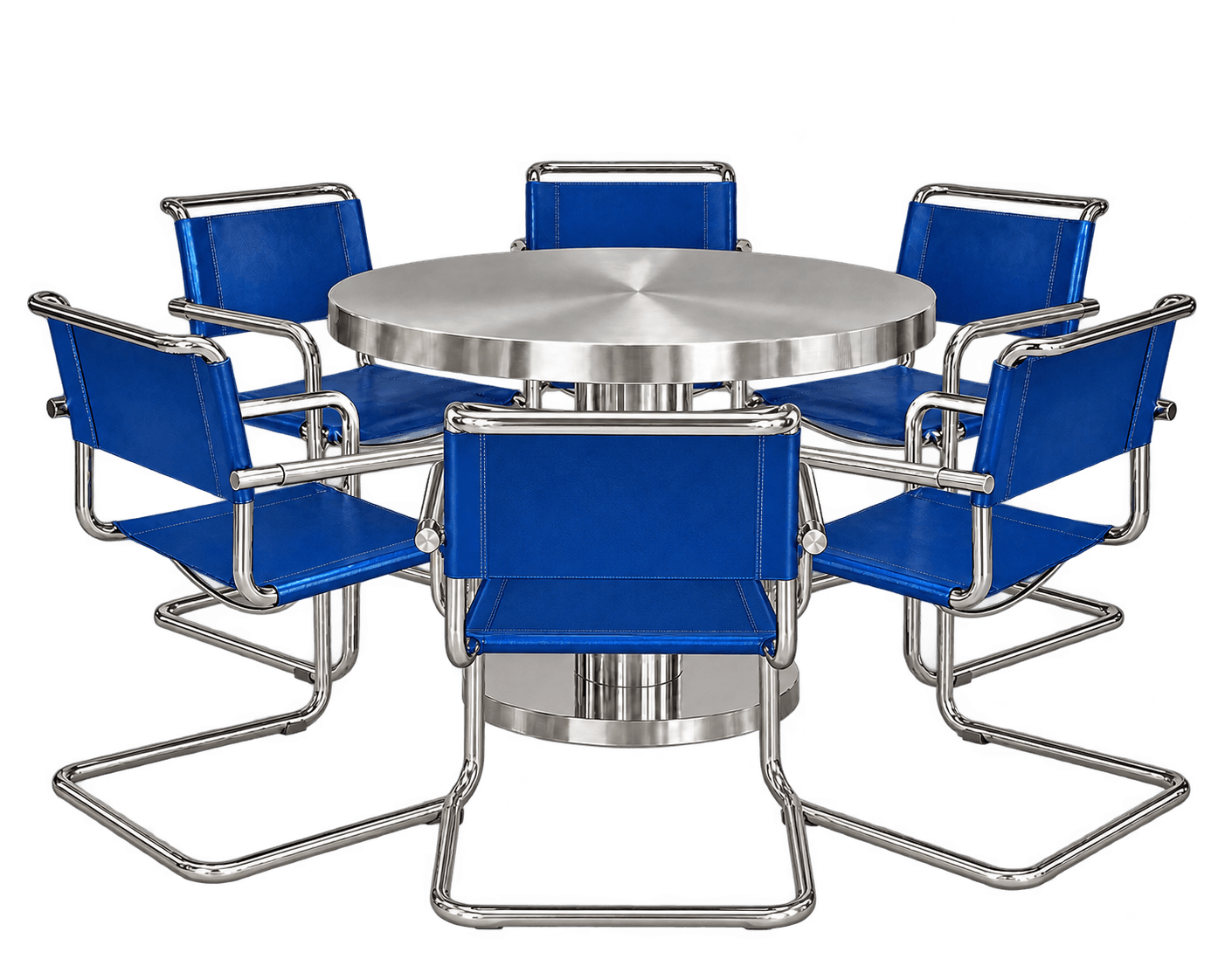 A complete dining set featuring a modern round dining table with a brushed metal finish, paired with six matching cantilever dining chairs. The chairs have tubular metal frames and blue sling-style seats and backs, creating a cohesive and contemporary aesthetic. — 3D model