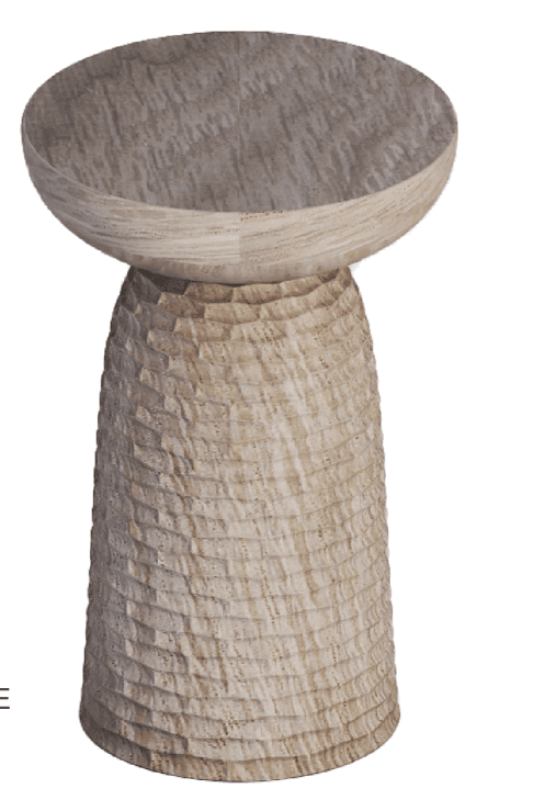 A contemporary sculptural pedestal table made of light-colored wood. It features a conical base with a distinctive horizontal carved or chiseled texture, supporting a smooth, circular top with a slight concave dish-like shape. The wood grain is visible throughout the piece. — 3D model