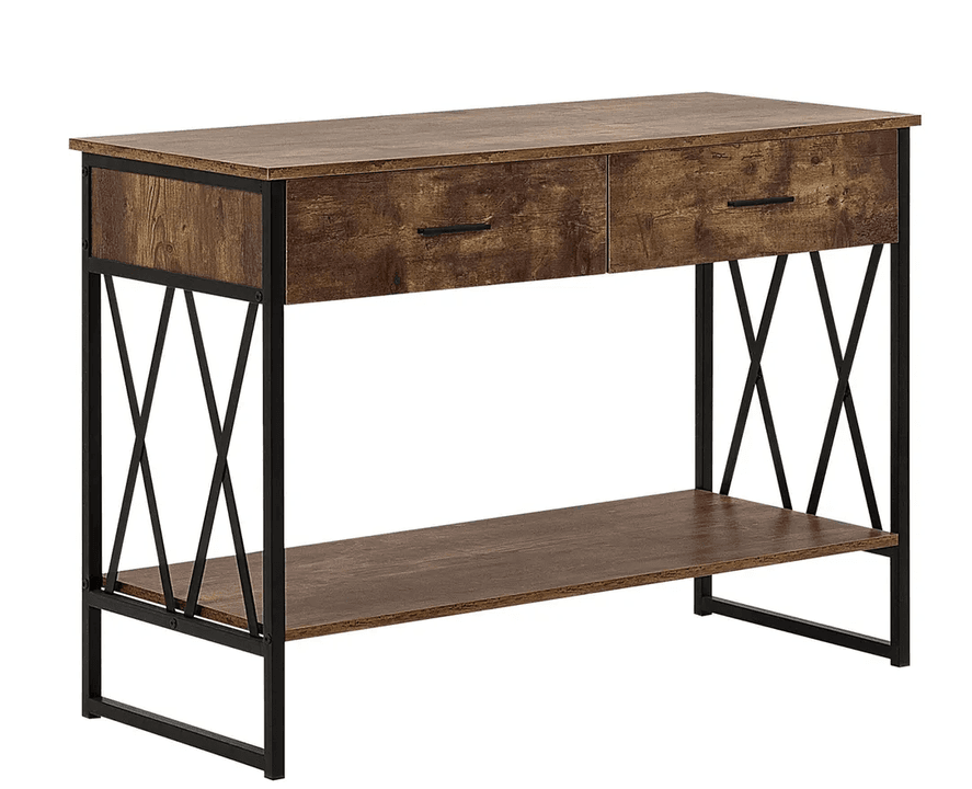 A rectangular console table with a distressed dark brown wood-look finish, featuring a black metal frame with X-cross side details, two drawers, and a lower shelf. — 3D model
