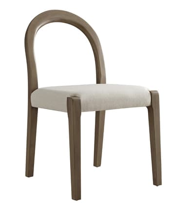 A modern dining chair featuring a wooden frame, an upholstered seat, and a distinct curved backrest. The frame has a warm brown finish, and the seat is covered in a light, textured fabric. — 3D model