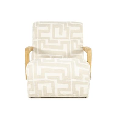 A modern armchair with a patterned fabric upholstery and wooden armrests. The armchair features a sculpted silhouette with a high back and wide seat. The armrests are curved and made of light-colored wood, providing a contrast to the patterned upholstery. The upholstery has a geometric pattern in a light beige and off-white color scheme. — 3D model