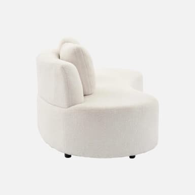 A cream-colored, curved sofa with a textured fabric upholstery, possibly bouclé or sherpa. It features a rounded silhouette and appears to have separate seating sections. The backrest is segmented and slightly curved, with two distinct upright back cushions visible. The sofa sits on low, dark-colored legs. — 3D model