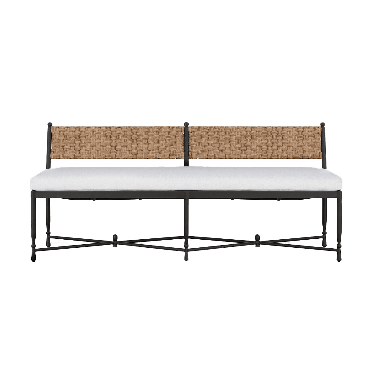 A bench with a dark metal frame, featuring a woven backrest and a cushioned seat. The backrest is composed of two woven panels in a natural fiber material, separated by a central upright. The seat is upholstered in white fabric. The frame has slender legs with decorative turnings and an X-shaped stretcher system for support. The design suggests an outdoor or transitional style. — 3D model