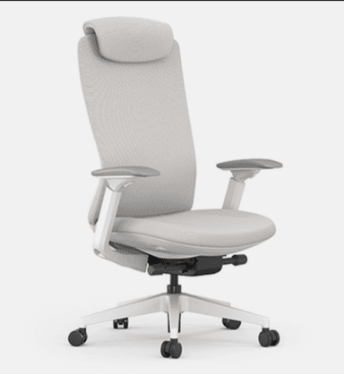 A contemporary ergonomic office chair featuring a high back with a headrest, upholstered in a light-colored mesh fabric, a padded seat, adjustable armrests, and a five-star caster base. — 3D model