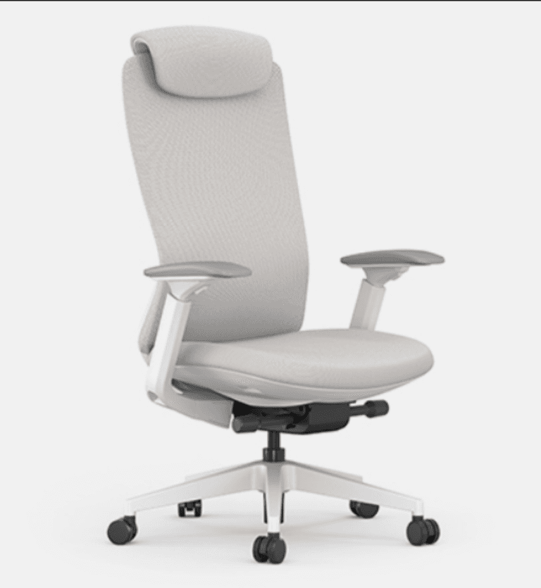 A contemporary ergonomic office chair featuring a high back with a headrest, upholstered in a light-colored mesh fabric, a padded seat, adjustable armrests, and a five-star caster base. — 3D model
