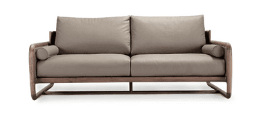 A contemporary loveseat featuring a sleek wooden frame with gently curved edges and an integrated storage unit at the back. The seating area is upholstered in a smooth, matte-finish taupe material, likely leather or high-quality faux leather, with two back cushions. The rear of the sofa showcases a functional storage solution with multiple compartments, crafted from the same warm-toned wood as the frame. — 3D model