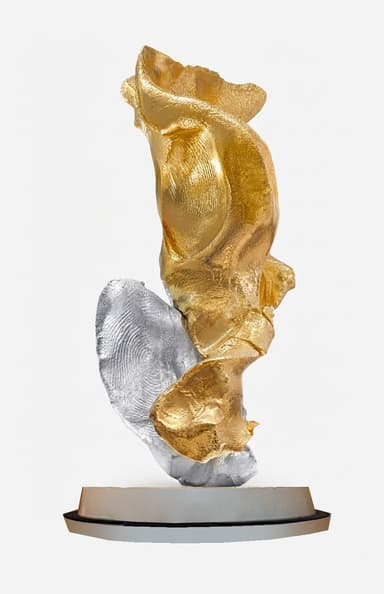 An abstract sculpture featuring a dynamic, fluid form composed of two distinct metallic elements: a larger, upper section with a rich gold-toned finish and a smaller, lower section in a contrasting silver tone. The piece is mounted on a simple, low-profile circular base. — 3D model