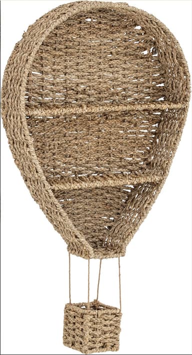 A decorative wall-mounted shelf designed in the shape of a hot air balloon, crafted from woven natural fibers. It features a large balloon-shaped upper section with two internal shelves and a smaller, rectangular basket-like base suspended below, mimicking the gondola of a hot air balloon. — 3D model