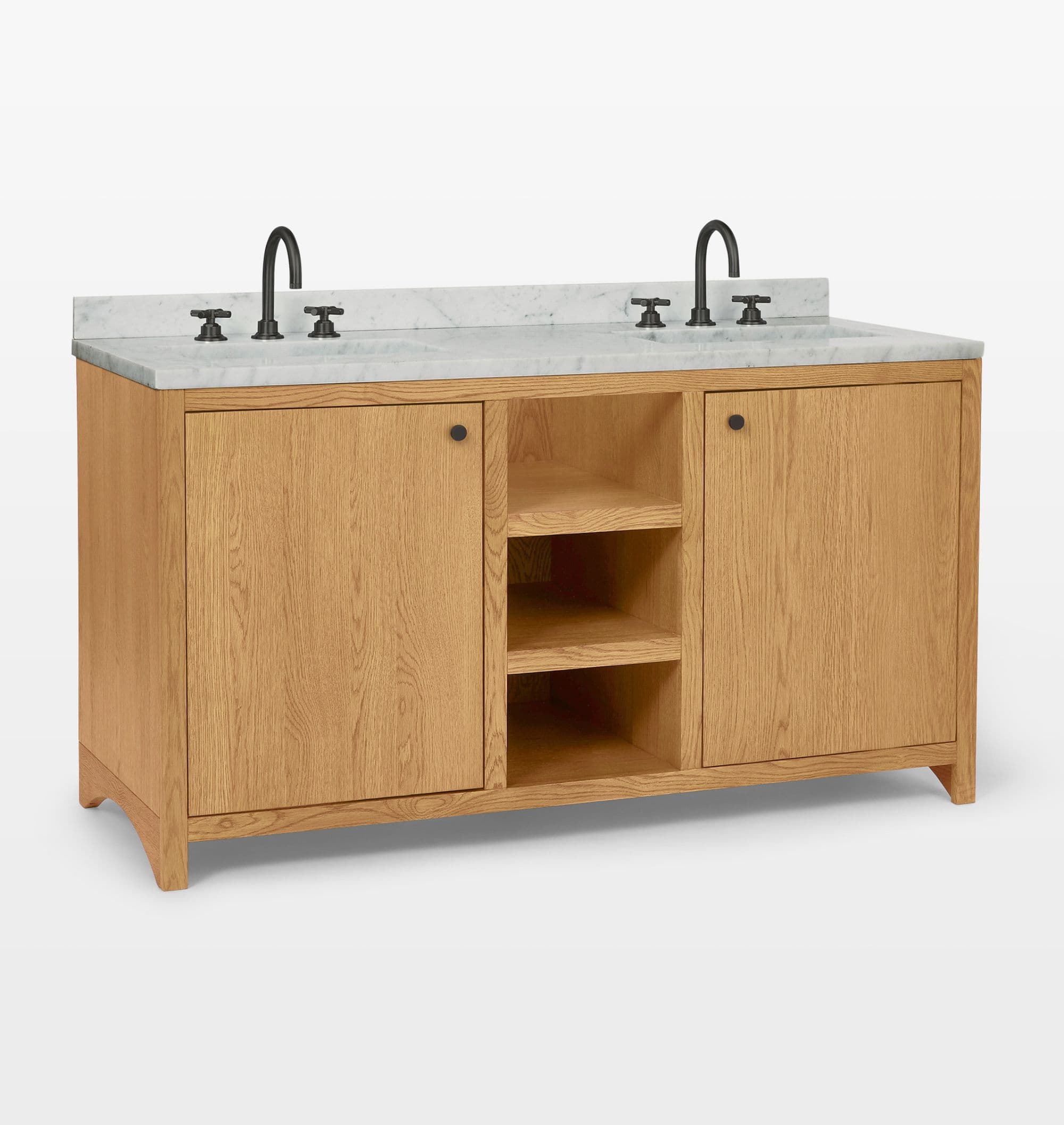 A modern double bathroom vanity constructed from light-toned oak wood, featuring a white marble countertop with two integrated rectangular sinks. It includes two doors with black circular pulls, flanking an open central shelving unit with two fixed shelves. Two black gooseneck faucets with matching cross-handle controls are mounted on the marble top. — 3D model