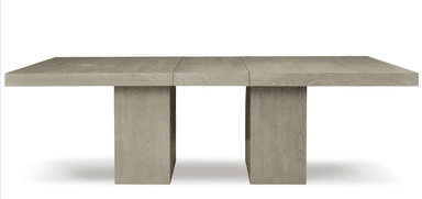 A rectangular dining table with a light, natural wood finish. It features a thick tabletop composed of three planks, joined linearly. The table is supported by two substantial, rectangular pedestal bases positioned symmetrically underneath the tabletop. — 3D model