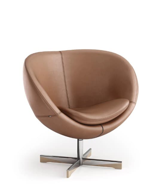 A contemporary tan leather swivel lounge chair featuring a distinctive egg-shaped form, complete with an integrated seat cushion. It is supported by a polished metallic four-star base with subtle wooden accents on the feet. — 3D model