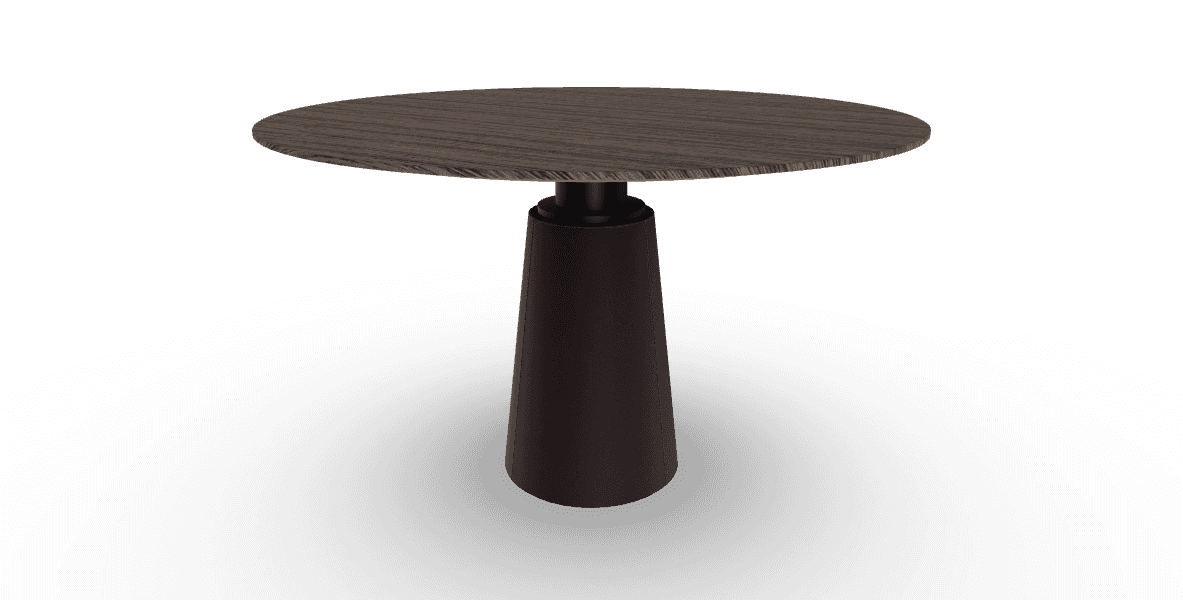 A round-top side table with a tapered base. The tabletop has a visible wood grain pattern. The base is conical in shape and appears to be covered in a dark brown material, possibly leather, with visible stitching along the seam. A central support column connects the tabletop to the base, appearing to be made of black metal. — 3D model