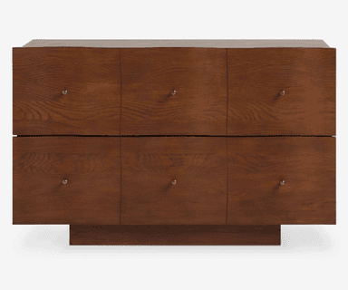 A modern, rectangular chest of drawers crafted from dark-stained wood, featuring six individual drawers, each equipped with a small brass knob, all resting on a recessed plinth base. — 3D model