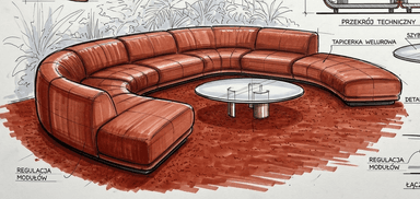 A modular, curved sectional sofa with a rich, reddish-brown leather upholstery. The sofa features deep, plush cushions with visible stitching patterns that create a grid-like effect on the seating surfaces and backrests. The overall form is rounded and inviting, designed for a lounge or living area. A circular glass-top coffee table with a metallic base is centrally positioned within the curve of the sofa. The sofa is rendered in a sketch style with marker coloring. — 3D model