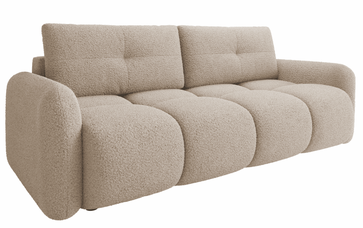 A contemporary, plush sofa with a rounded, modular design. It features a textured fabric upholstery and deep, comfortable seating. The back cushions are tufted, adding a touch of classic detail to the modern form. The arms are integrated and curve gently outwards. — 3D model