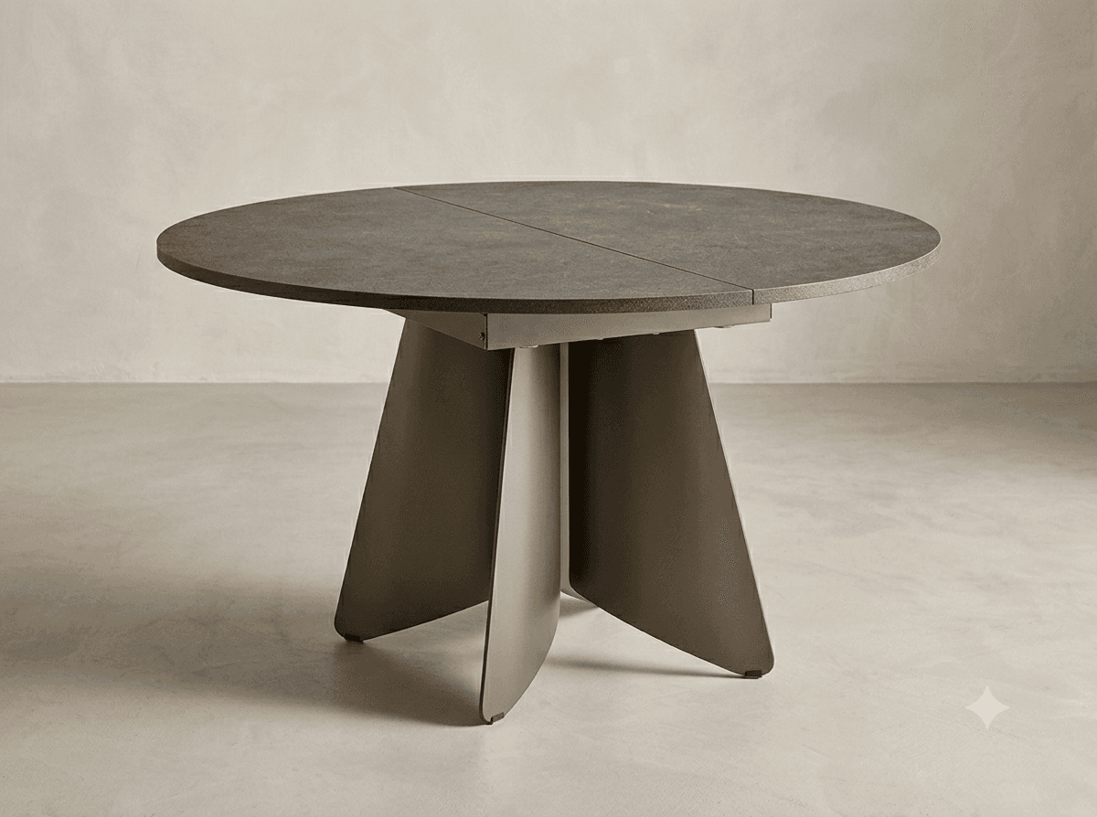 A modern round dining table featuring an extendable tabletop made of a dark gray, matte, stone-like composite material. The base consists of four sculptural, interconnected panels with a matte taupe or dark bronze finish, tapering slightly from top to bottom, providing a stable and visually striking support. — 3D model