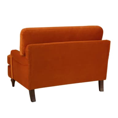 A plush, deep-seated armchair upholstered in a vibrant rust orange velvet fabric. It features rolled arms, a T-cushion backrest, and a single seat cushion. The chair is supported by four dark, turned wooden legs. — 3D model